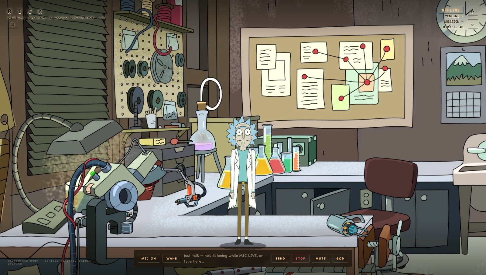 Rick in his mad-scientist garage laboratory HUD